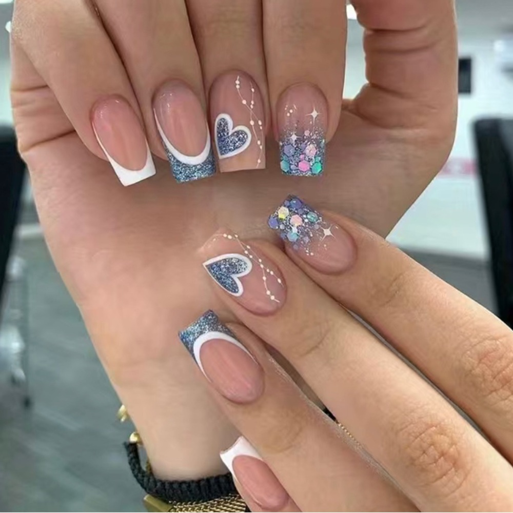 Blue Hearts French Tips Press On Nails